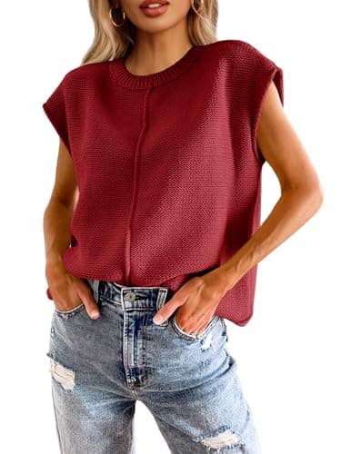 Saodimallsu Womens Summer Cap Sleeve Tops Casual Crew Neck Loose Fit Knit Lightweight Sweater Pullover Top Wine Red - Image 1