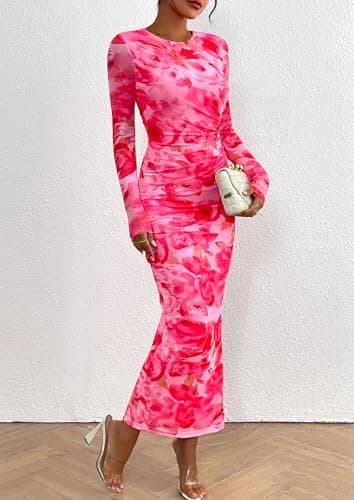 PRETTYGARDEN Women's Bodycon Maxi Dress Fall Spring Fashion Long Sleeve Floral Print Tight Fitted Party Club Ruched Dresses (Print Pink,X-Small) - Image 3