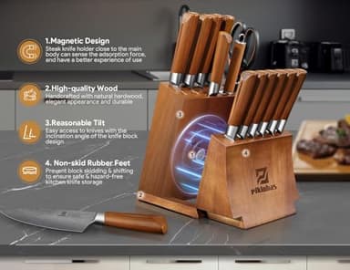 Kitchen Knife Sets With Block, Piklohas 15 Pieces Knife Sets With Magnetic Detachable Knife Holder, High Carbon Steel Damascus Pattern Chef Knife Set With Steak Knives, Ideal For House Warming Gift - Image 3