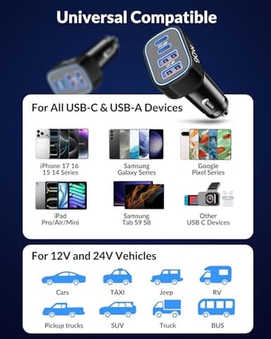 USB C Car Charger, 4-Port 90W Super Fast Car Phone Charger Accessories Dual 45W USB-C & USB-A Cargador Carro Adapter Cigarette Lighter for iPhone 17 16 15 14 13 12 11, Galaxy S25 S24, Tablet, Android - Image 4