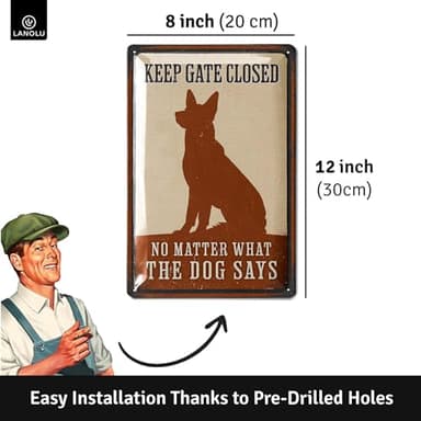 LANOLU Keep Gate Closed Sign Dogs Vintage Tin Sign, Dogs Present On Property Sign, Dog in Yard Keep Gate Closed, Please Keep Gate Closed, Beware of Dog Signs for Fence, Funny, Metal 12x8" - Image 4