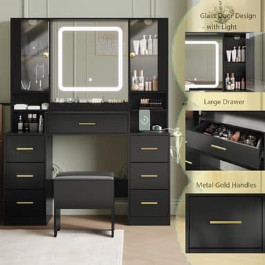 BORNOON Makeup Vanity with LED Light Strip Mirror and Chair, 7 Drawers & 2 RGB Cabinets Black Vanity Makeup Desk with Power Strip, Adjustable LED Lighting, and Cushioned Stool for Women, Girls, Teens - Image 4