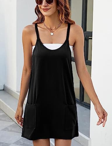 VATEAMI Women Sleeveless Athletic Dress Mini Dress Spaghetti Strap Sundress with Shorts (Black-XXL) - Image 5