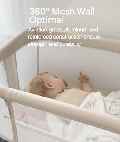 Fodoss Baby Bassinets Bedside Sleeper - All Mesh Bedside Bassinet with Wheels, 7 Height Adjustable Baby Bassinet for Infants, Beige - Image 2