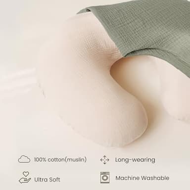 Konssy Muslin Nursing Pillow Covers, Soft and Cute Nursing Covers for Breastfeeding Pillows, Ideal for Newborn Baby Boys and Girls (Fog Green, Cream) - 2 Pack - Image 4
