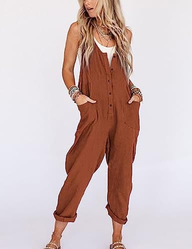 Yeokou Womens Overalls Linen Cotton Jumpsuits Loose Casual Jumpers with Pockets(Rust-M) - Image 3