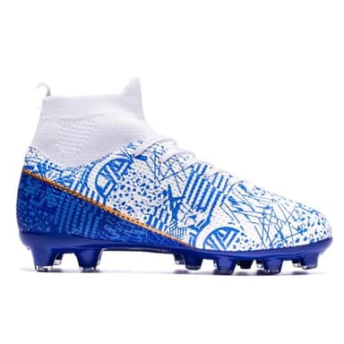 curunect Boys Girls Soccer Cleats Lightweight High-top Training Football Shoes for Youth Non-Slip Kids Soccer Futsal Shoes, Tacos de Futbol para niños, Blue/White/Gold, Little Kid 13 - Image 4