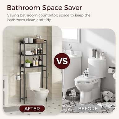 MAHANCRIS Over The Toilet Storage Rack, 3 Tier Bathroom Organizer Over Toilet, Freestanding Space Saver Toilet Stand with 2 Hooks, Bathroom Storage Shelf, Easy to Assemble, Black TSBK6001 - Image 6