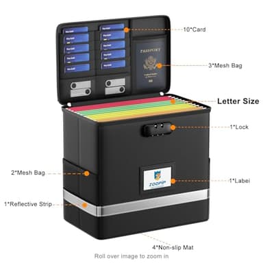 ZOOPIP Fireproof File Box with Lock, Document Box Storage Organizer, Suitable for Hanging File Folders in Letter Size, Collapsible File Box, Reflective Strip for Fast Find (12.2"*6"*10.2, Black) - Image 3