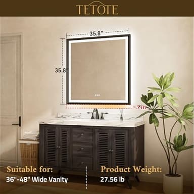 TETOTE 36x36 LED Mirror for Bathroom Gold Metal Frame Frontlit & Backlit Lighted Vanity Mirror Baroque Anti Fog Stepless Dimmable White/Warm/Natural,CRI90+,Waterproof,Wall Mounted(Horizontal/Vertical) - Image 7