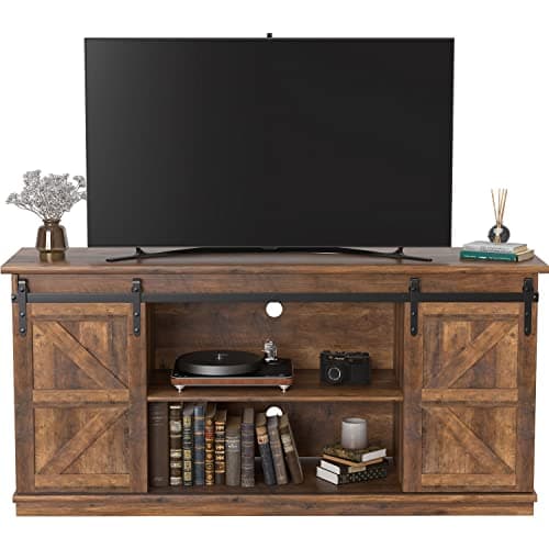 JUMMICO TV Stand for 65 Inch TV, Entertainment Center with Storage Cabinets and Sliding Barn Doors, Mid Century Modern Media TV Console Table for Living Room Bedroom (Rustic Oak) - Image 1