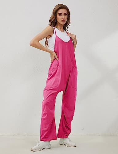 Lentta Women's Causal Jumpsuits V Neck Sleeveless Harem Overalls Stretchy Adjustable Strap Romper with Pockets(RoseRed-XXL) - Image 5