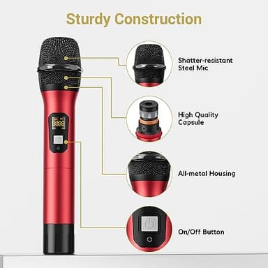 Wireless Microphone System, TONOR Professional Metal Cordless Karaoke Microphones, Handheld Dynamic Mic Set with Receiver for Party, Meeting, KTV, Church, DJ, Wedding, Singing, 200ft, TW820 Black &Red - Image 4
