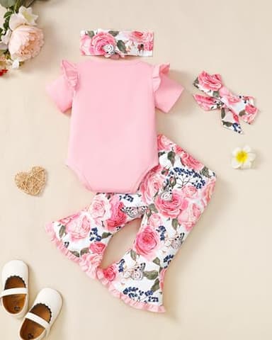 SUNNY PIGGY Newborn Baby Girl Clothes Infant Outfits Romper Floral Fall Outfit Bell Bottoms Pant Sets Hat Headband Flowerpant Pink 6-12M - Image 3