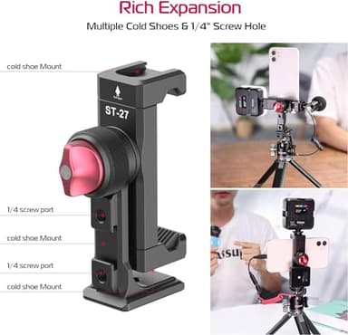 Metal Phone Tripod Mount 3 Cold Shoes & Arca Port, 360° Smartphone Tripod Adapter for iPhone 17 16 15 Samsung Cell Phone Stand Holder for Desktop Video Live Streaming Vlogging Rig - Image 3