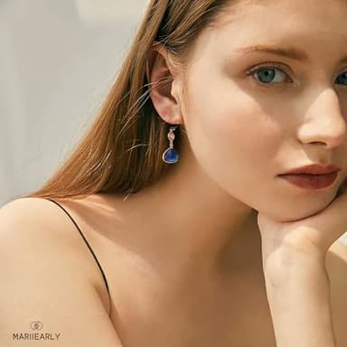 Blue Sapphire Earrings For Women; Blue Yellow Gold Earrings 14k Gold Hollow Teardrop Dangle Earrings Birthstone Earrings Navy Blue Crystal Dangle Earring Dangle Jewelry Gifts (Sapphire Blue) - Image 2