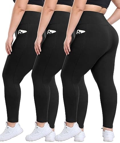 3 Pack Plus Size Leggings with Pockets for Women - High Waisted Tummy Control Spandex Soft Black Workout Yoga Pants - Image 1