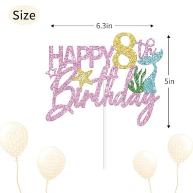 Mermaid Happy 8th Birthday Cake Topper, Pink Glitter Mermaid Eight Cake Decoration Ocean Theme for Girl 8 Years Old Birthday Party Cake Decor - Image 2
