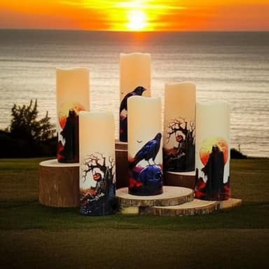 Halloween Flameless LED Candles, Set of 6, Gothic Design with Remote Control, 6 in x 2.15 in, 2AA Battery Operated 400+ Hours, Timer Function, Halloween Decorations in Fall, Indoor/Outdoor Ues. - Image 7