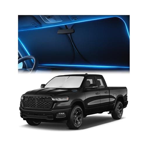 Windshield Sunshade for Dodge RAM 1500 2019-2023 2024 2025 - Innovative No-Light-Pass Technology, Mirror Cut-Out, Blocks 99% UV Rays, Fade-Resistant, Easy-Fold RAM 1500 Windshield Sun Shade - Image 1