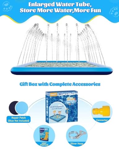 Raxurt Splash Pad, 97"- 72" Non-Slip Splash Pad for Kids and Dogs, Thickened Durable Square Dog Pool with Sprinkler Summer Outdoor Water Toys for Toddler Girls Boys Children Pet (Blue) - Image 7