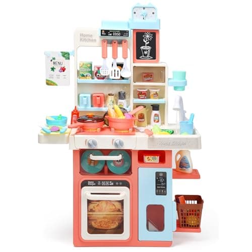 HOLYFUN Kids Kitchen Playset, Kitchen Set for Toddler with Sound and Light, Cooking Stove with Steam, Play Sink and Toy Kitchen Accessories, Pretend Kitchen Toys for Kids Girls Boys, Pink - Image 1