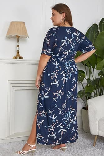 Keluummi Plus Size Wedding Guest Maxi Dresses for Curvy Women, Summer Formal Floral V Neck 3/4 Sleeve A Line Long Party Dress(22 Plus, 02 - Navy Blue Floral) - Image 4