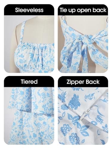 Fisoew Womens Floral Maxi Dresses Spaghetti Strap Casual Sleeveless Ruffle Flowy Tiered Dress Blue - Image 6