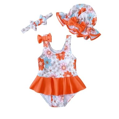 Toddler Girl Swimsuit One Piece Bathing Suit Summer Daisy Baby Bathing Suit Strap Swimming Beachwear Suit Orange Toddler Swimsuit Girl 18-24 Months - Image 1
