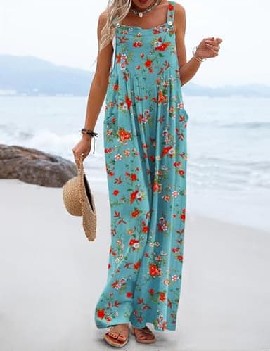YESNO Women's Summer Casual Overalls Loose Wide Leg Jumpsuits Boho Floral Printed Baggy Rompers with Pockets L PZH CR14 - Image 2