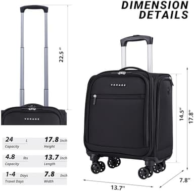 Verage Underseat Carry On Luggage with Wheels, 14.5-Inch Spinner Small Suitcase, Softside Lightweight Travel Bag for Men and Women, Airplane Carry On Bag, Black - Image 4