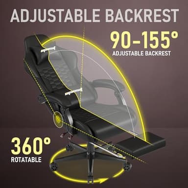 Opiesit Gaming Chair, Computer Office Chair with Footrest, Linkage Armrests and Lumbar Support, High Back Ergonomic Gamer Chairs for Adults, Black PU Leather - Image 4