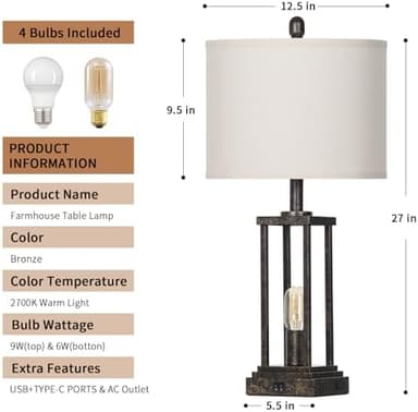 27" Tall Farmhouse Table Lamps with Night Light, Bronze Industrial End Table Lamp for Living Room, Rustic Bedside Lamps Set Of 2 with USB C+A Ports & AC Outlet, Vintage Bedroom Lamp for Nightstand - Image 7