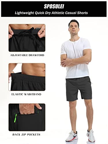 SPOSULEI Men's Athletic Shorts Quick Dry Lightweight Gym Running Casual 7 Inch Inseam Shorts with Zipper Pockets Black X-Large - Image 5