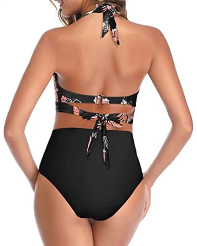 Tempt Me Women's Vintage Swimsuits Floral Black Retro Halter Ruched High Waist Bikini with Bottom L - Image 5