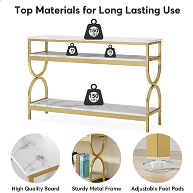 Tribesigns 3-Tier Console Table, 55 inch Sofa Table with Open Storage Shelves, Narrow Long Hallway/Entryway Table with Faux Marble Top for Home Living Room Entryway, White & Gold - Image 7