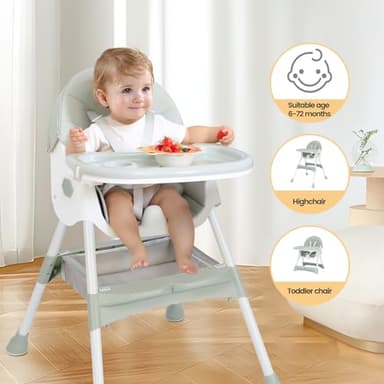 3-in1 Highchair, High Chairs for Babies and Toddlers,Convertible High Chair, Light Weight Portable High Chair, Adjustable Height and Movable Double Tray - Image 3