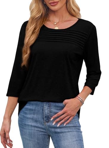 Blouses for Women Dressy Casual 3/4 Length Sleeve Trendy Spring Fashion 2025 Flowy Cute Summer Tops Scooped Neck Black Beach Vacation Clothes M - Image 3