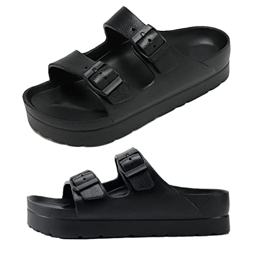 Womens Black Platform Sandals with Arch Support, Adjustable Double Buckle EVA Slides, Comfort Lightweight Ultra Cushion Wedge Sandal - Image 1