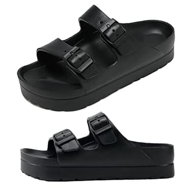 Womens Black Platform Sandals with Arch Support, Adjustable Double Buckle EVA Slides, Comfort Lightweight Ultra Cushion Wedge Sandal - Image 1