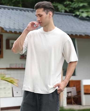 3 Pcs Oversized Heavy Cotton Summer T-Shirts Vintage Unisex Short Sleeves Casual Loose Basic Tops(Beige+ArmyGreen+Black L) - Image 4