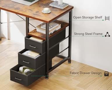 AODK 32" Small Computer Desk with Fabric Drawers, Kids Girls Teen Study Writing Desk for Bedroom, Home Office Desk with Storage Shelf & Bag for Small Space, Vintage - Image 4