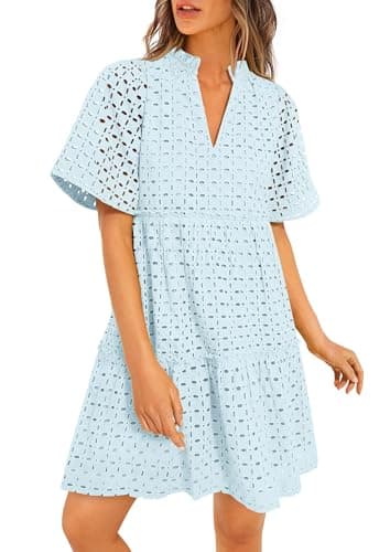 PRETTYGARDEN Eyelet Dresses for Women 2025 Summer Short Sleeve V Neck Hollow Out Ruffle A Line Boho Beach Vacation Mini Dress (Light Blue,Large) - Image 1