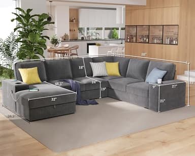 PaPaJet U Shaped Couch, 112 Inch Oversized Couch with Storage Chaise, Sectional Sofa with Cup Holders & 2 USB Ports, Corduroy Grey Sofa - Image 2