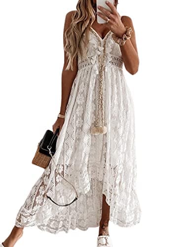 CUPSHE Women's Summer Dresses Sleeveless Lace Casual Tassel Beach Spaghetti Straps Flowy Maxi Sun Dress White, L - Image 1