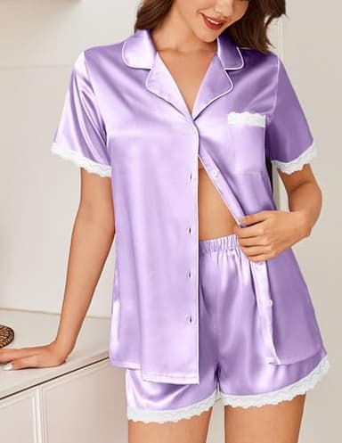 Ekouaer Pajamas for Women V Neck Satin Pajama Set Short Sleeve Pjs Set Silk Shorts Lounge Sets,Large Purple - Image 3