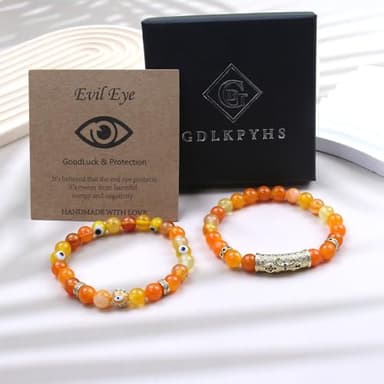 GDLKPYHS Evil Eye Bracelet - Evil Eye Charm Protection Bracelet - Beaded Bracelets, 8mm Natural Stone Agate Crystal Beads Handmade Gifts for Women Men (Yellow) - Image 3