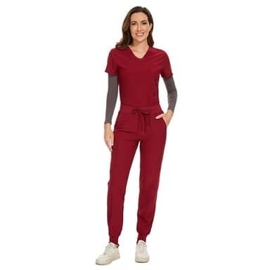 COZYFIT Women's Scrubs Set - Stretch V-Neck Top & Jogger Pant with 8 Pockets, Yoga Waistband, Anti Wrinkle, Slim Fit - Burgundy, 4XL, Tall - Image 7