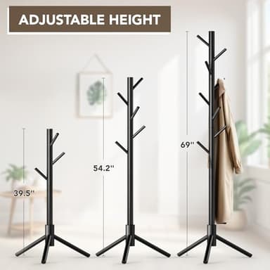 Hupmad Wooden Tree Coat Rack Stand,Sturdy Freestanding Coat Rack with 8 Hooks,3 Adjustable Height for Child Adult,Wood Coat Stand Tree Fits Entryway Bedroom Office for Bags,Hats - Image 2