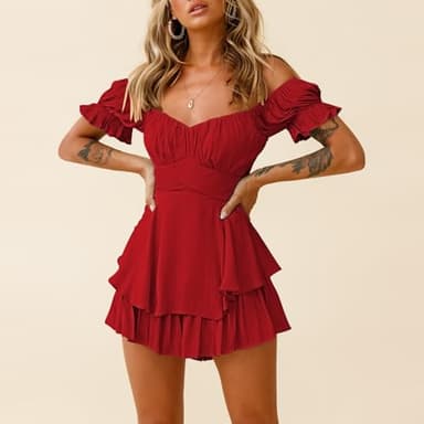 Fixmatti Women Summer Boho Romper Shorts Off Shoulder Mini Ruffle Chiffon Jumpsuits Red L - Image 3